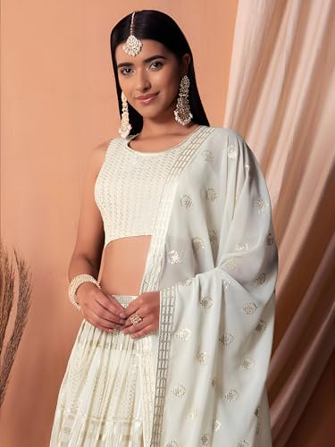 Zeel Clothing Women's Sequins Thread Embroidered Georgette Semi Stitched Lehenga Choli With Dupatta (5115-White-Wedding-Stylish-Latest; Free Size)