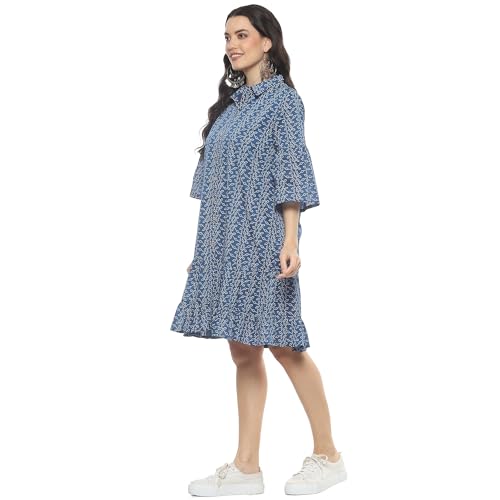 Rangriti Women Cotton Printed Tiered Dress Ankle Length Casual CASUALDRESSES19112SS24IND_Blue