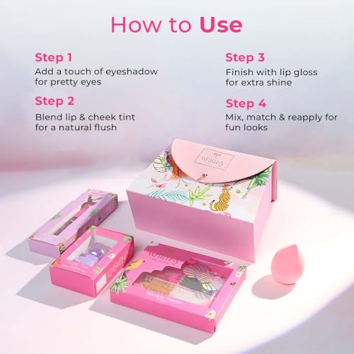 Whimsy Beauty Blush & Glow Beauty Kit | Safe Beauty Set for Girls & Teens | Eye Shadow Palette, Lip Tint & Lip Gloss | Pack of 4