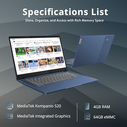 Lenovo IdeaPad Slim 3 Chromebook, 14″ FHD IPS Touchscreen Laptop, MediaTek Kompanio 520 Processor, 4GB RAM, 64GB eMMC, Webcam, Regular Keyboard, WiFi6, Chrome OS, Abyss Blue, 128GB Hotface USB Card