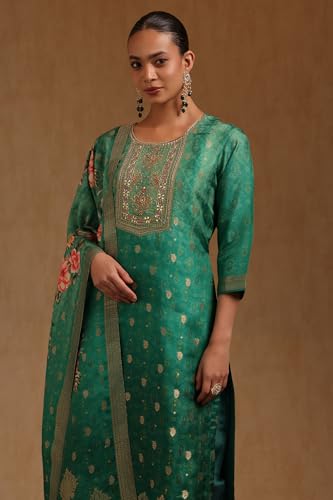Soch Womens Green Russian Silk Ethnic Motifs Salwar Suit With Zardosi Work