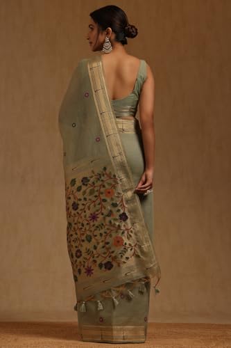 Soch Womens Light Olive Chanderi Woven Design Saree