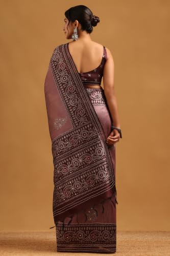 Soch Womens Onion Pink Tussar Kantha Embroidered Saree With Faux Mirror