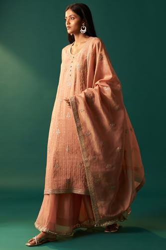 Wishful Women's Pink Dori Embroidered Straight Tissue Organza Kurta with Culotte and Dupatta Set (SP12857-401185-S)