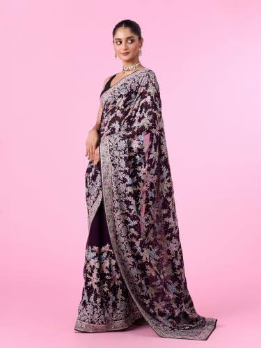 MOHEY Women's Georgette Stone Work, Thread Work & Zari Saree with Blouse Piece (Purple)