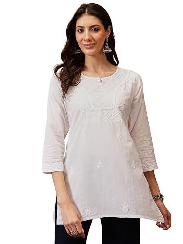 Ada Lucknowi Hand Embroidered Chikankari Cotton Short Kurta Kurti Tunic Top for Women A911364 White (L)