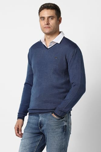 Men Navy Solid V Neck Sweater