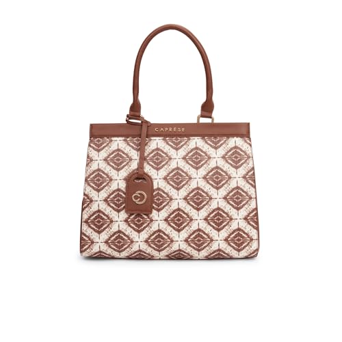 Caprese Shibori Medium Satchel Bag for Women | Printed Faux Leather Shoulder Bag with Adjustable & Detachable Strap | Multi-Compartments | Zipper Closure | Everyday Office, Travel & Casual Use (Brown)