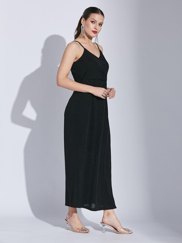 Latin Quarters Women Black V-Neck Sleeveless Solid Dress_S