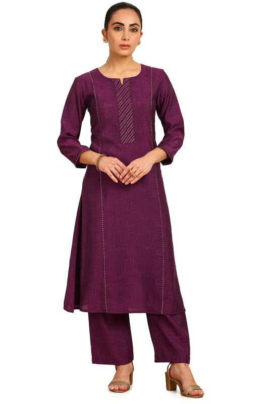 Soch Womens Wine Ethnic Print Notched Neck Muslin Blend Suit Set