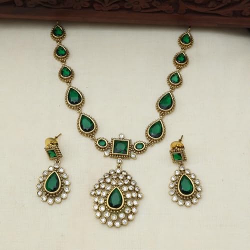 ZYRA JEWELS Celebrity Inspired Emerald Green AD Necklace Set | Gold Plated Kundan Style Traditional Designer Jewellery with Earrings for Women and Girls