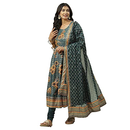 BIBA Cotton Women's Printed Fitted Salwar Kurta Dupatta(Skdfestive 8248_Navy Blue_38)