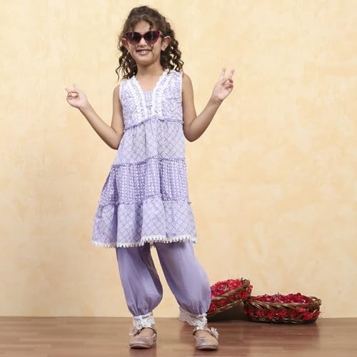 BIBA Girl's Purple Cotton Tiered Printed Kurta Salwar Set