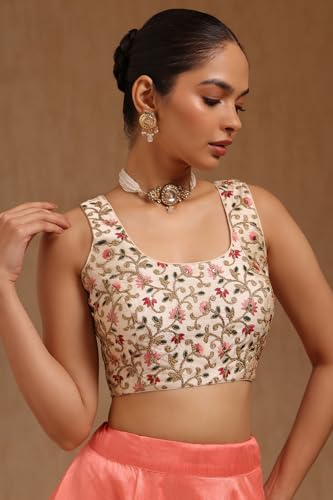Soch Womens Cream Tussar Embroidered Padded Blouse Thread Work