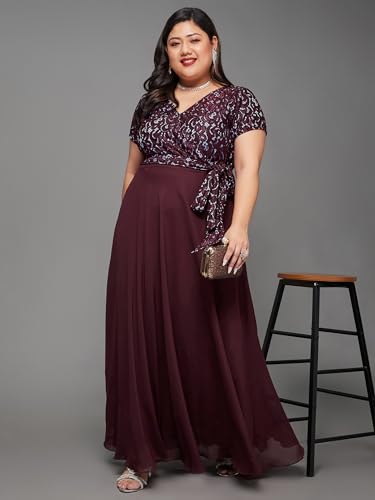 Miss Chase A+ Women's V-Neck Short Sleeve Self Designed Lace Overlaid Maxi Dress (APSS22D13-62-713-07, Cabernet Wine, 2XL)