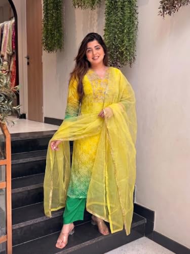 VARNI FABRICS: A lady's First Love Women's Yellow Silk Blend Embroidered Straight Kurta Set With Pant And Dupatta