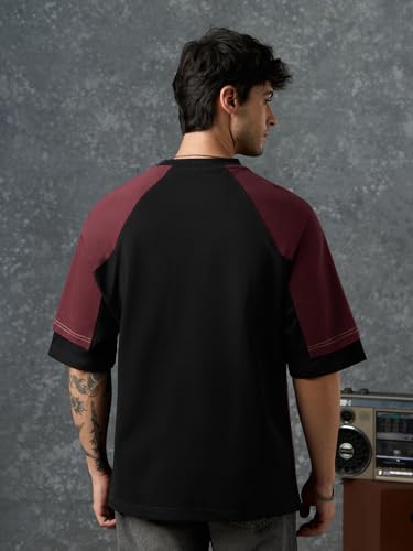 The Souled Store Iron Man: Glow Logo Men and Boys Short Sleeves Round Neck Black Graphic Printed Casual Lightweight Drop Shoulder Streetwear Trendy Oversized T-Shirt