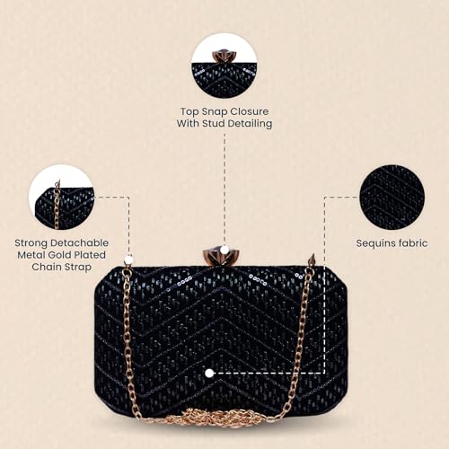Artklim Black Based Sequins Embroidery Fabric Clutch Bag For Women With Detachable Chain