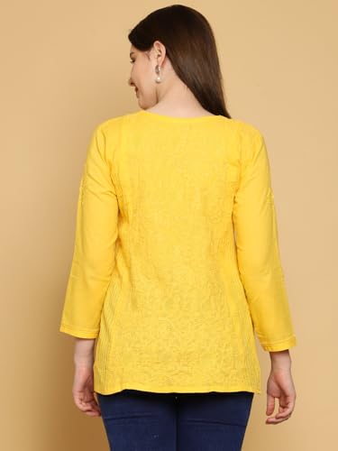 Ada Hand Embroidered Lucknowi Chikankari Cotton Straight Short Top Kurti for Women A911309 Yellow (M)