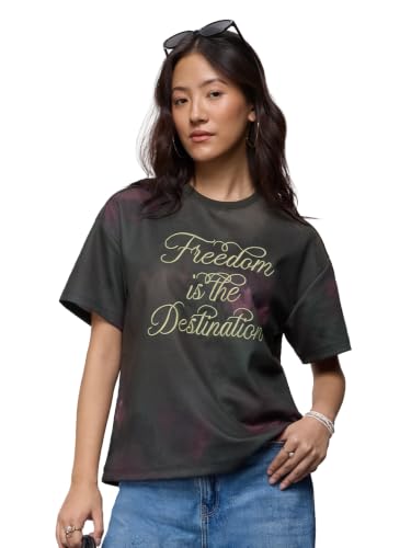 The Souled Store Freedom Women and Girls Short Sleeves Round Neck Dark Green Tie-Dye Embroidered Cotton Polyester Blend Oversized Comfortable Streetwear T-Shirts