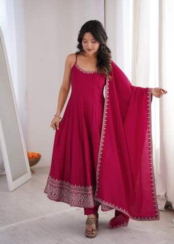 Leeli Peeri Designer Women's Chanderi Silk Embroidery Work Anarkali Kurta Set With Dupatta.
