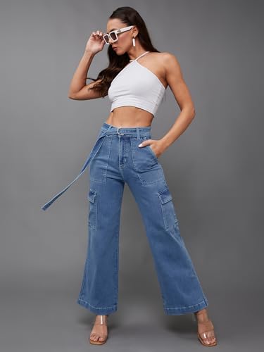 Miss Chase Women's Straight Fit Mid Rise Hand Painted Stretchable Denim Jeans (MCSS18DEN02-19-392-28, Vivid Blue, 28)