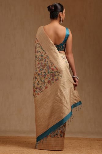 Soch Womens Beige Chanderi Kalamkari Saree With Thread Work