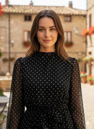 RUBY FASHIONS Women's Premium Georgette Black Polka Dot Maxi Dress – Elegant Full Sleeve Long Dress with Back Zip Closure, Stylish Evening & Casual Flare Gown (in, Alpha, S, Big, Black)