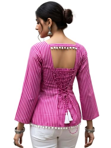 Dora Dori Women Cotton Striped Kurti | Round Neck 3/4 Sleeve Corset Back Tie-Up Detail Lace Detailing | Pink Short Kurti for Women | Casual, Office & Daily Ethnic Wear