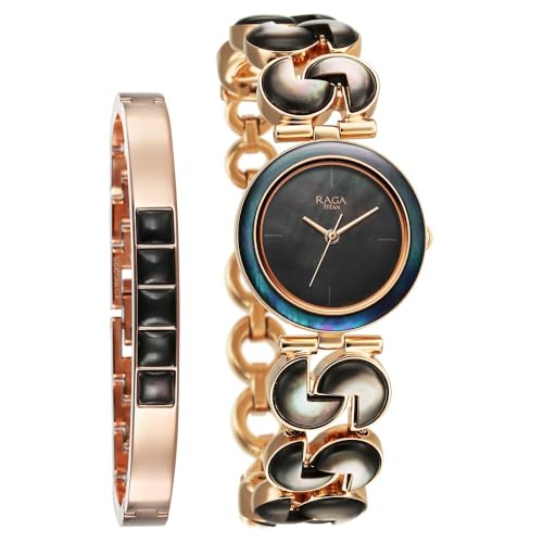 Titan Raga Black Pearl Quartz Analog Mother of Pearl Dial Metal Strap Watch for Women