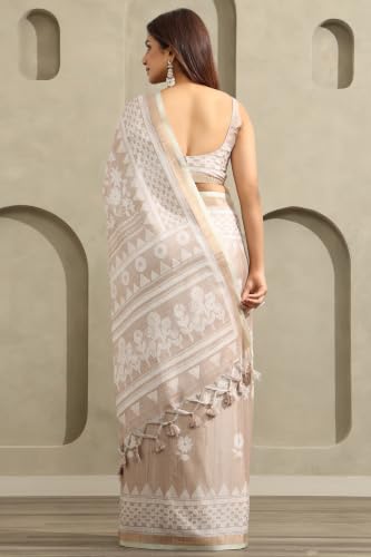 Soch Womens Beige Tussar Botanical Printed Saree