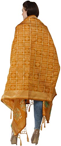 Exotic India Bandhani Gharchola Art Silk Dupatta with Zari Weave and Brocaded Border Design Stole, Chunni For Women
