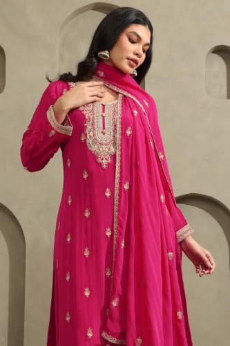 Soch Womens Fuchsia Chinon Ethnic Motifs Zari Embroidered Salwar Suit With Sequins