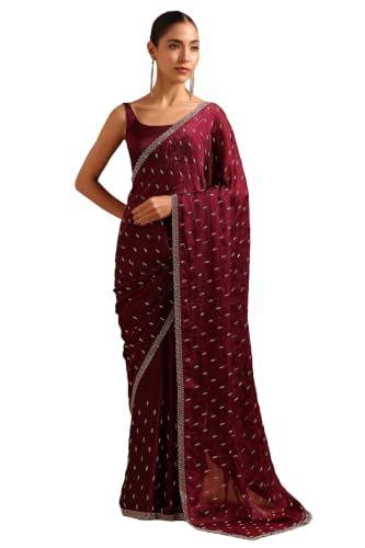 Soch Womens Wine Fendy Organza Embellished Saree