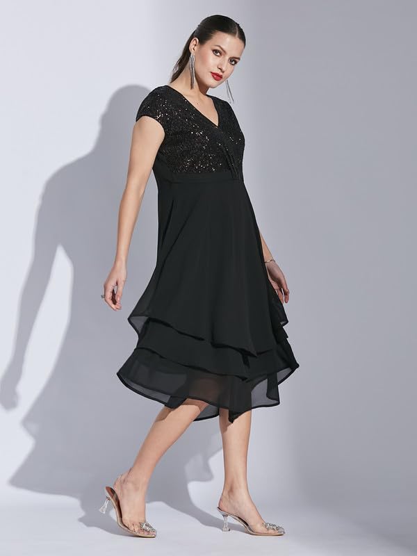 Latin Quarters Women Black V-Neck Cap Sleeve Solid Dress_XXL