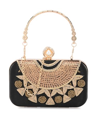 TOOBA Black Synthetic Clutch Bag for Women – Embroidered Sequin Detailing with Pearl Clasp, Perfect for Festival, Receptions & Parties