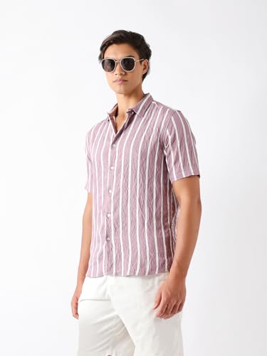 THE BEAR HOUSE Men Regular Fit Short Sleeve Striped Shirt Pink