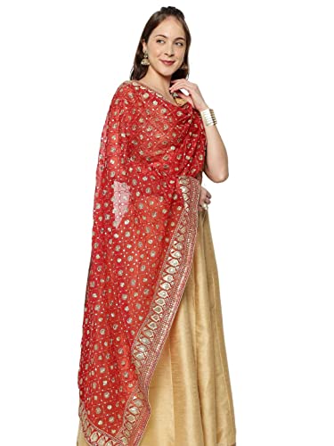 DUPATTA BAZAAR Women's Red Heavily Embroidered Net Dupatta