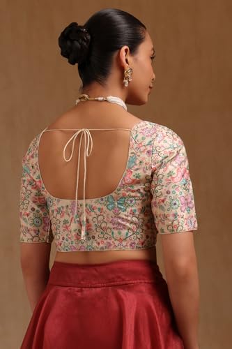 Soch Womens Cream Art Silk Floral Print Padded Blouse with Zari