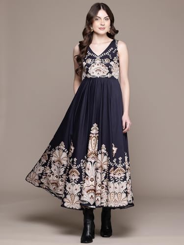 Label RITU KUMAR V Neck Sleevesless Printed Long Dress Black