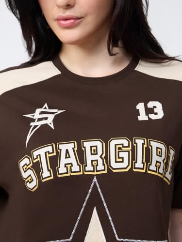 The Souled Store Stargirl: Women and Girls Short Sleeves Round Neck Dark Brown Graphic Printed Cotton Oversized Breathable Streetwear T-Shirt