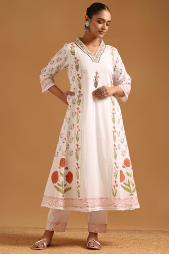 Soch Womens Off White Cotton Botanical Salwar Suit With Bead