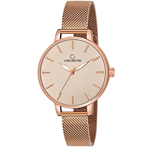 Carlington Big Dial Women's Analog Watch With Stainless Steel Mesh Strap, Adjustable Clasp and Water Resistant Body (Silver/Rose Gold/Black Dial) | Rakhi Gift for Sister and Girls