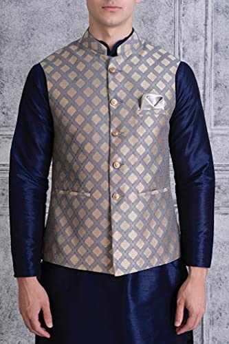 Ethluxis Men's Silk Blend Regular Fit Navy Kurta Pyjama Set With Bundi Nehru Jacket Waistcoat (44, Navy/Grey), 2XL