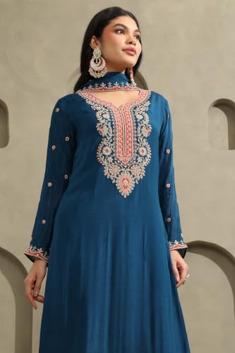 Soch Womens Blue Chinon Ethnic Motifs Zari Embroidered Salwar Suit