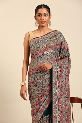 MOHEY Women's Blue Georgette Mirror Work Zari Saree (Blue)