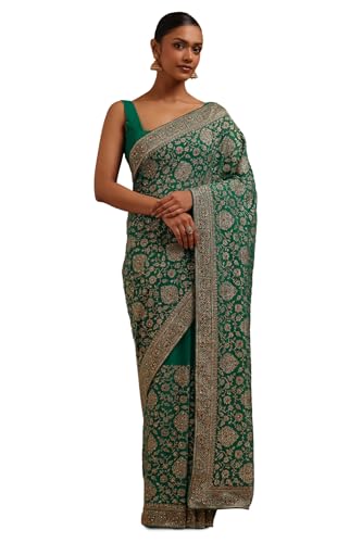 Soch Womens Teal Green Georgette Embroidered Saree With Stone Work