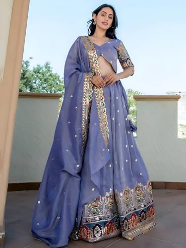 Zeel Clothing Women's Sequins Thread Embroidered Cosmos Silk Lehenga Choli With Dupatta (5128-Women-Lehenga-Choli-Latest; Free size) (Lavender)