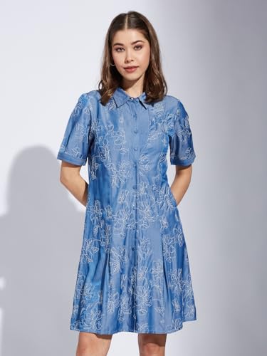 Latin Quarters Women Blue Collar Neck Half Sleeve Printed Shirt Dress_L