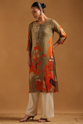 Soch Womens Olive Muslin Floral Print Kurta with Beads
